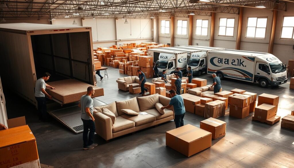 A modern, airy warehouse interior with various furniture pieces neatly arranged. In the foreground, a team of skilled movers carefully disassembling and loading a large sofa onto a specialized moving truck. In the middle ground, a group of workers meticulously packing fragile items into padded boxes. In the background, a fleet of well-maintained moving vehicles adorned with the "شركة زاجل لنقل الاثاث" branding, ready to transport the belongings to their destination. The scene is bathed in warm, natural lighting, conveying a sense of professionalism and attention to detail. An overall atmosphere of efficiency, care, and customer service.
