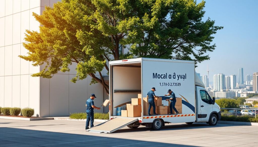 A modern, minimalist office building with clean lines and large windows, surrounded by lush greenery. In the foreground, a team of professional movers from "شركة زاجل لنقل الاثاث" carefully loading furniture and boxes onto a sleek, branded moving truck. The workers wear uniforms and use specialized equipment, conveying the company's expertise and attention to detail. The scene is bathed in warm, natural lighting, creating a sense of professionalism and efficiency. In the background, the bustling city of الشروق is visible, emphasizing the company's local presence and ability to serve the community.