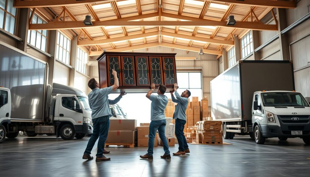 A modern, well-equipped moving company, "شركة زاجل لنقل الاثاث" showcases its comprehensive services in a sun-dappled, spacious warehouse. Sleek moving trucks stand at the ready, while skilled workers carefully handle furniture and household items. The airy interior features exposed beams and large windows, creating a warm, professional atmosphere. In the foreground, a team lifts a delicate china cabinet, their movements precise and coordinated. In the middle ground, neatly stacked boxes await transport, while the background reveals a fleet of specialized vehicles equipped to handle any relocation need. Soft, natural lighting emphasizes the company's dedication to quality and customer satisfaction.