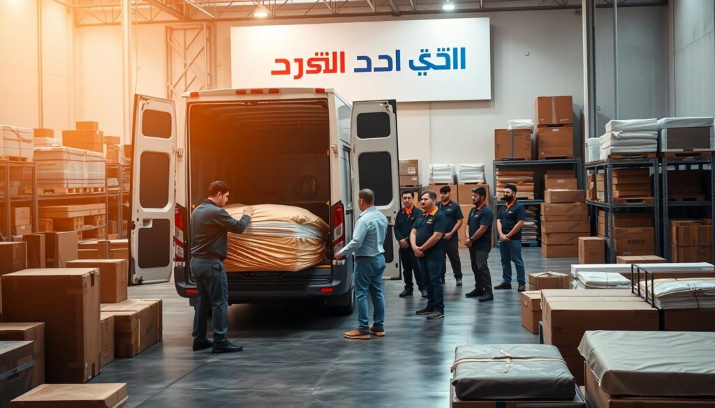 A modern, well-equipped warehouse filled with neatly organized furniture and moving supplies. In the foreground, a team of professional movers carefully wrapping and loading a sofa onto a large cargo van. In the middle ground, a group of employees overseeing the loading process, ensuring efficient and careful handling of the items. The background features the prominent branding of "شركة زاجل لنقل الاثاث", showcasing their expertise and commitment to providing high-quality moving services. The scene is bathed in warm, diffused lighting, conveying a sense of professionalism and reliability.